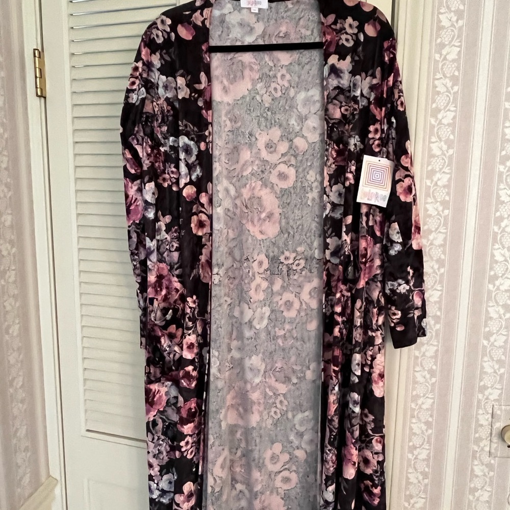 Lularoe Sarah Cardigan, Black background with pink, blue and purple flowers.